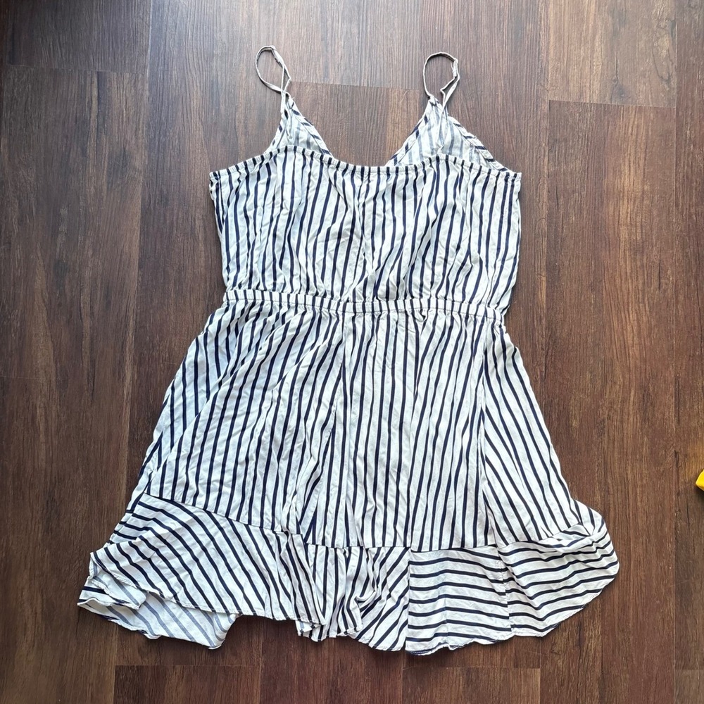 Autumn Wedding Guest Mini Dress Navy White Striped Faux Wrap Ruffle‎ Large